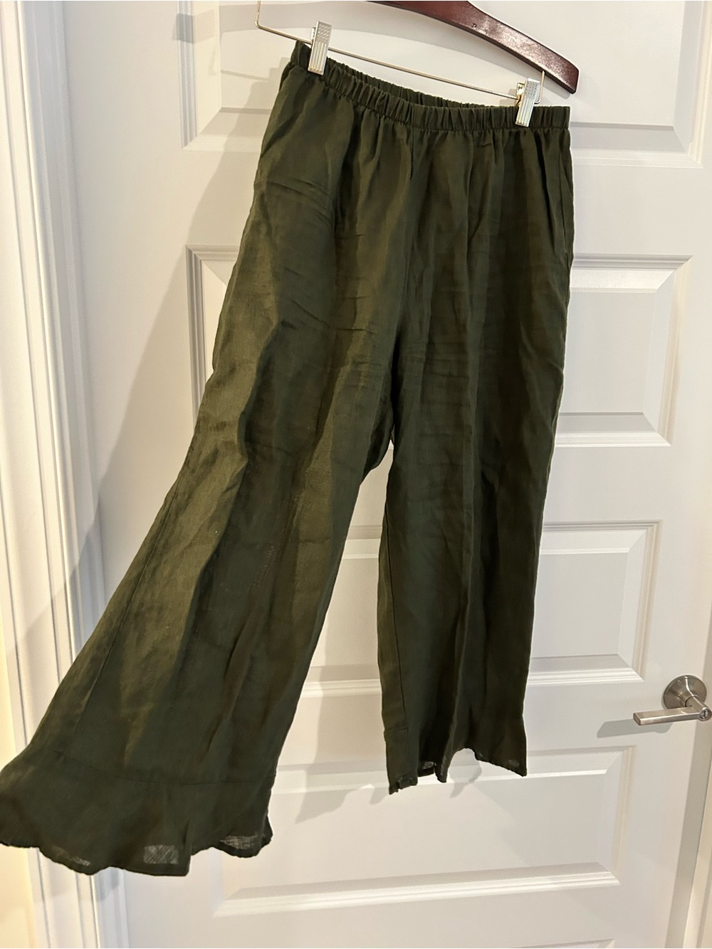 Flax Cropped Linen Pants Dark Green Size S